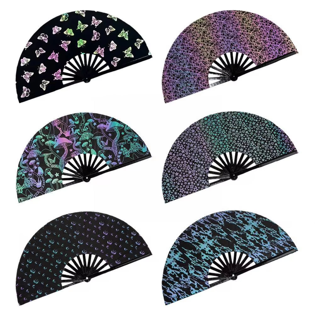 Large Rave Folding Hand Fan Reflective Festival Foldable Glow Rave Fan Clack Hand Fans Portable Bamboo Handheld Rave Fan Glitter