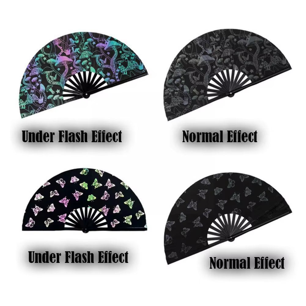 Large Rave Folding Hand Fan Reflective Festival Foldable Glow Rave Fan Clack Hand Fans Portable Bamboo Handheld Rave Fan Glitter