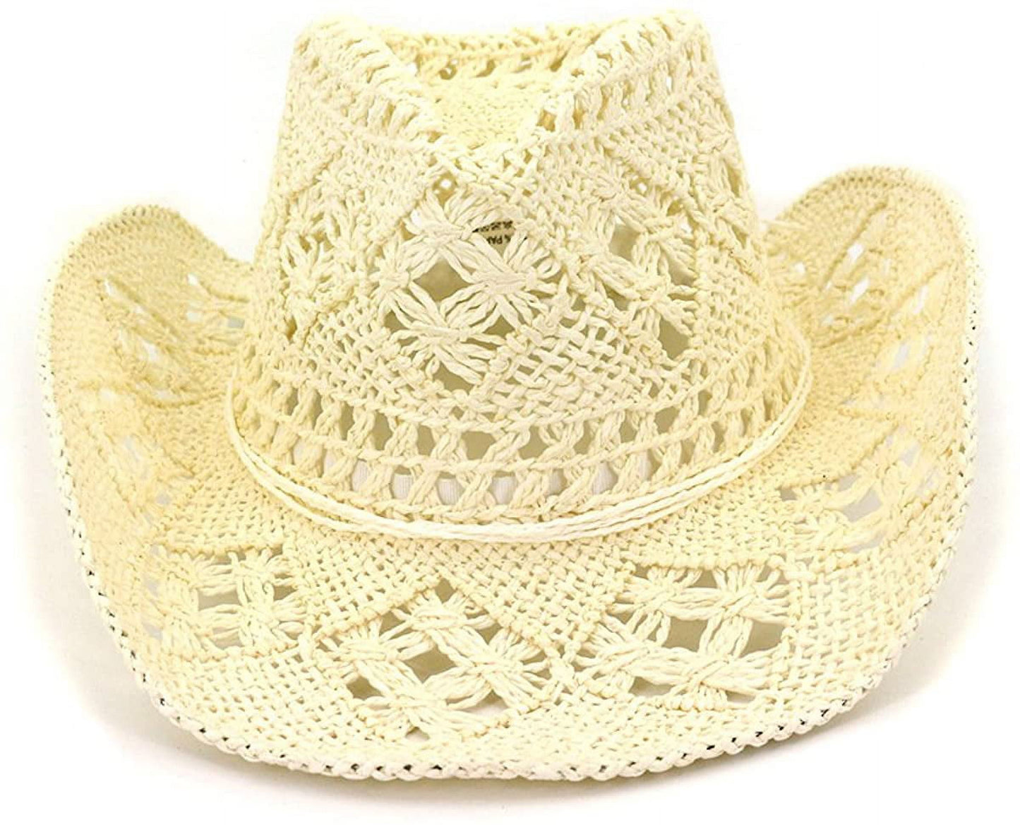 Men Women'S Summer Cowboy Cowgirl Straw Hat Hollow Out Woven Roll up Wide Brim Hat